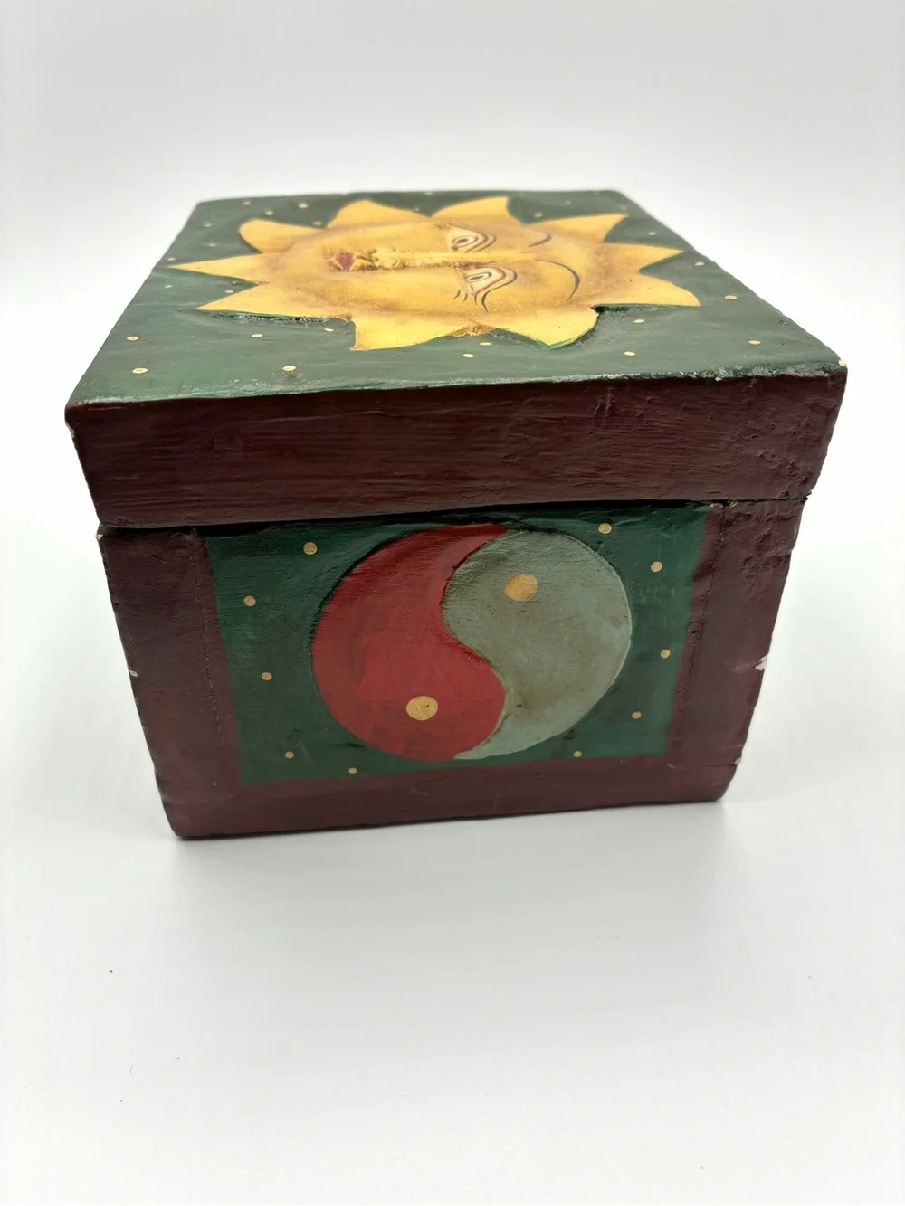Vintage Folk Art Celestial Sun Moon Yin Yang Wooden Trinket Box